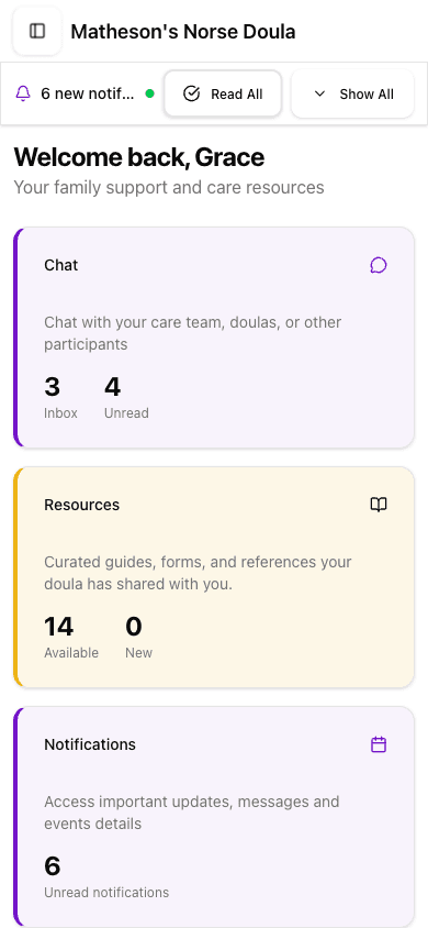 A client's home screen on a phone: Welcome back, Grace, with Chat, Resources and Notifications
