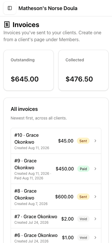 The doula's Invoices screen on a phone: outstanding and collected totals, then each client's invoices with Sent, Paid or Void